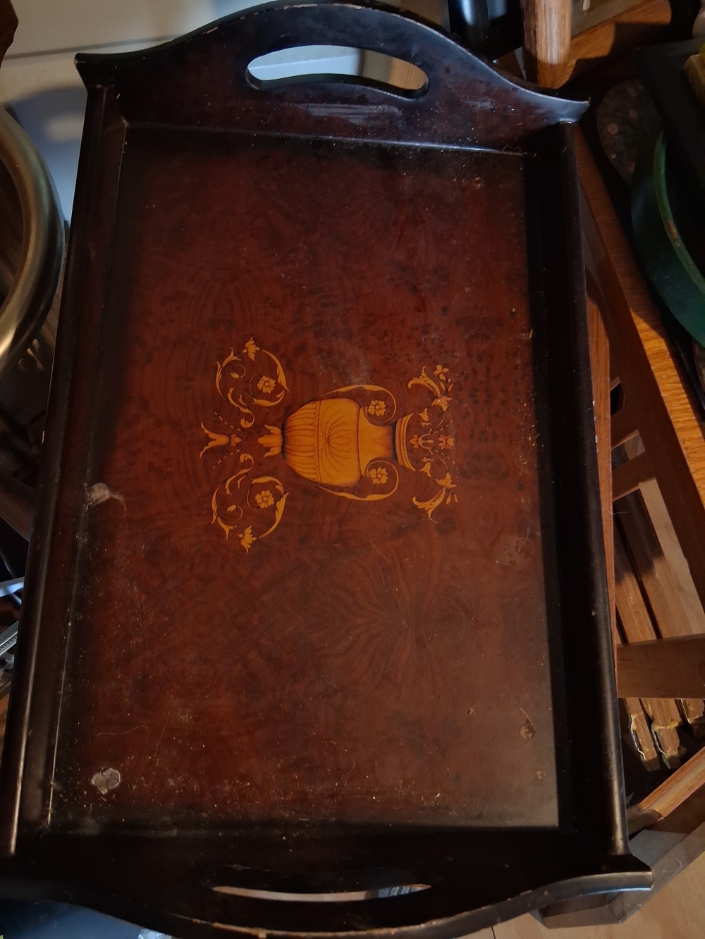 Wood Decorative Serving Tray in Dark Brown with Gold Accent